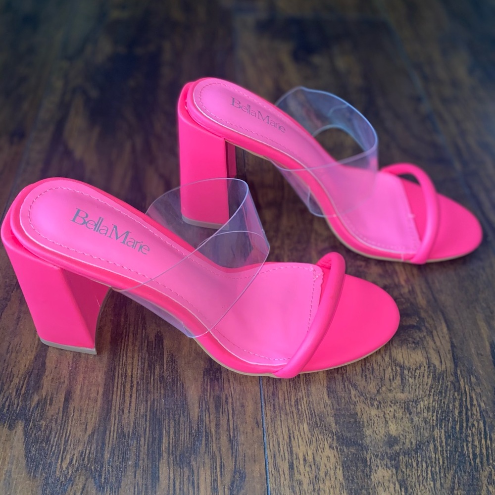 Hot pink open toe chunky heels